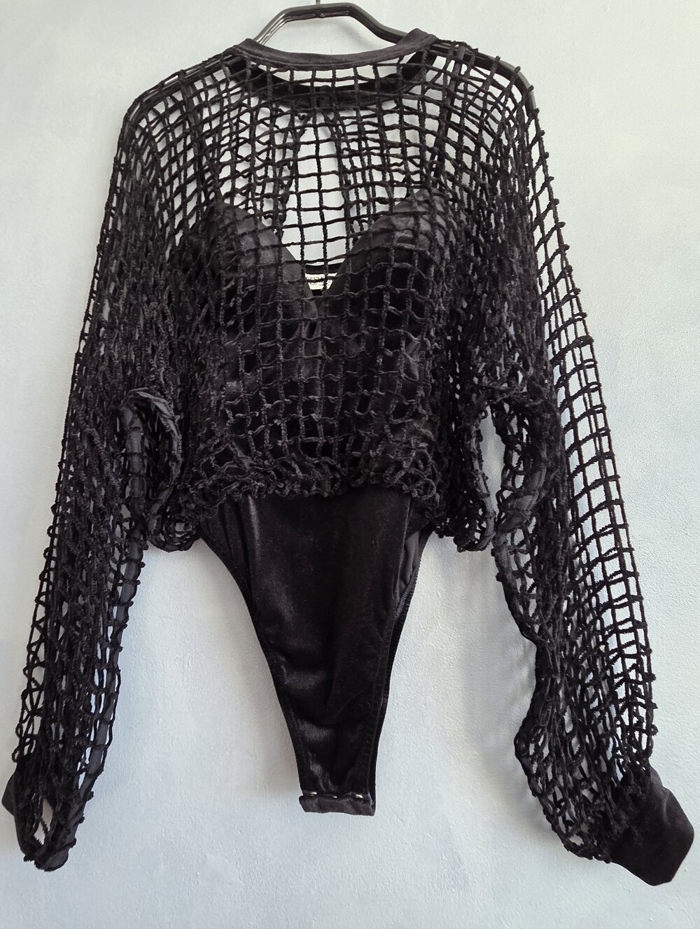 LA PERLA VINTAGE BLACK STRETCH VELVET CAGE BODYSUIT SIZE SMALL
